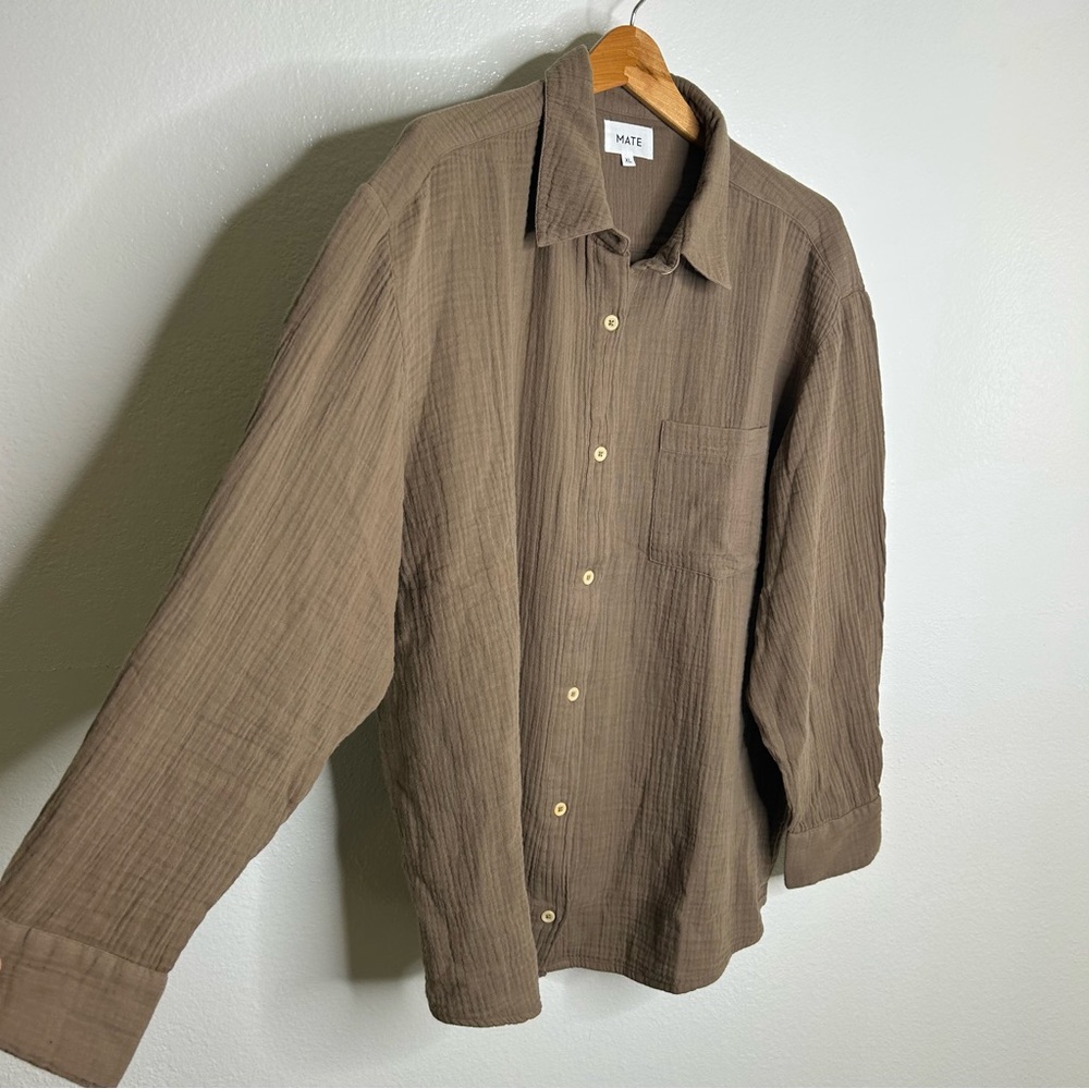 NWOT MATE The Label 100% Organic Cotton Gauze Button Down Shirt Brown Tan XL - Picture 10 of 15